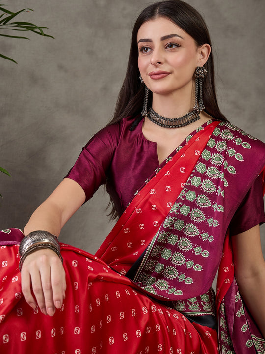 Red Semi Modal Saree With Blouse Piece
