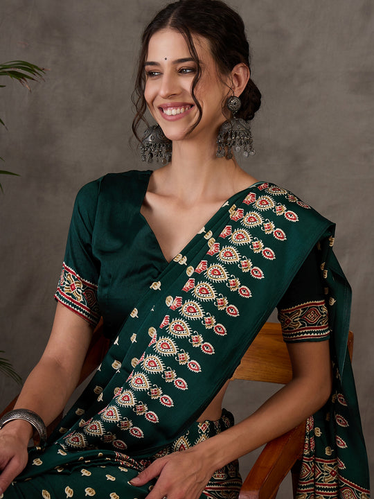 Bottle Green Semi Modal Saree With Blouse Piece