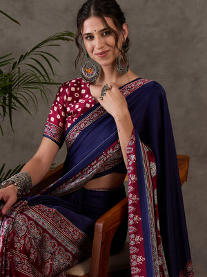 Blue Semi Modal Saree With Blouse Piece