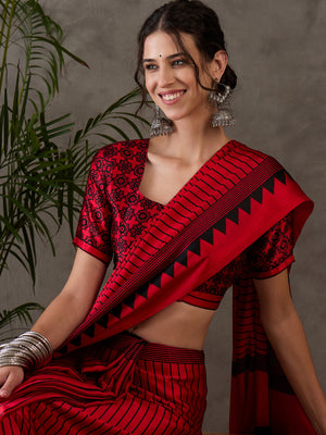 Red Semi Modal Saree With Blouse Piece