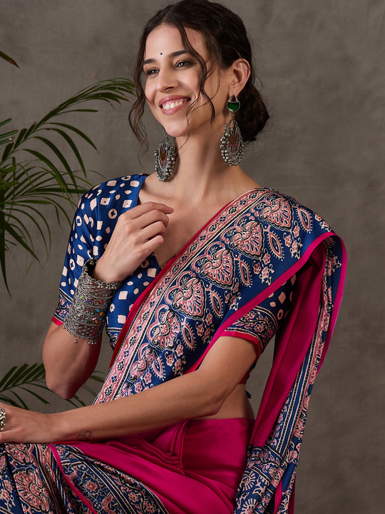 Pink Semi Modal Saree With Blouse Piece