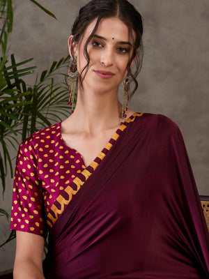 Wine Semi Modal Saree With Blouse Piece