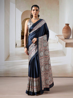 Black Printed Ajarakh Satin Crepe Saree With Blouse Piece