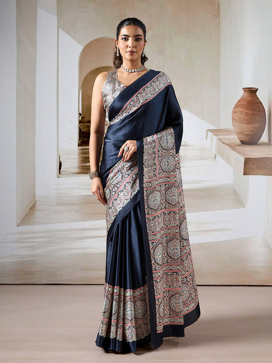 Black Printed Ajarakh Satin Crepe Saree With Blouse Piece