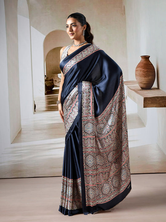 Black Printed Ajarakh Satin Crepe Saree With Blouse Piece