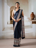 Black Printed Ajarakh Satin Crepe Saree With Blouse Piece