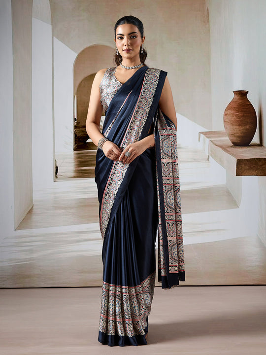 Black Printed Ajarakh Satin Crepe Saree With Blouse Piece