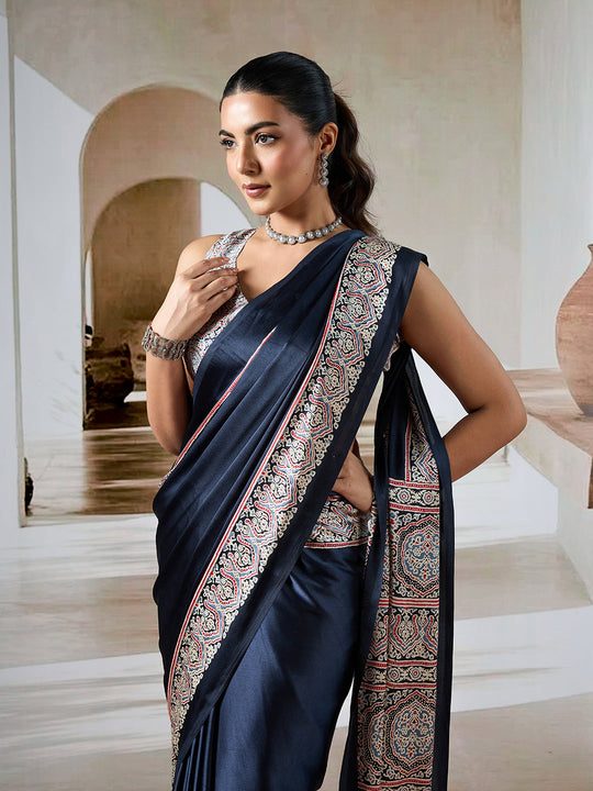 Black Printed Ajarakh Satin Crepe Saree With Blouse Piece