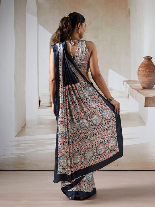 Black Printed Ajarakh Satin Crepe Saree With Blouse Piece