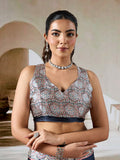 Black Printed Ajarakh Satin Crepe Saree With Blouse Piece
