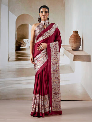 Maroon Printed Ajarakh Satin Crepe Saree With Blouse Piece