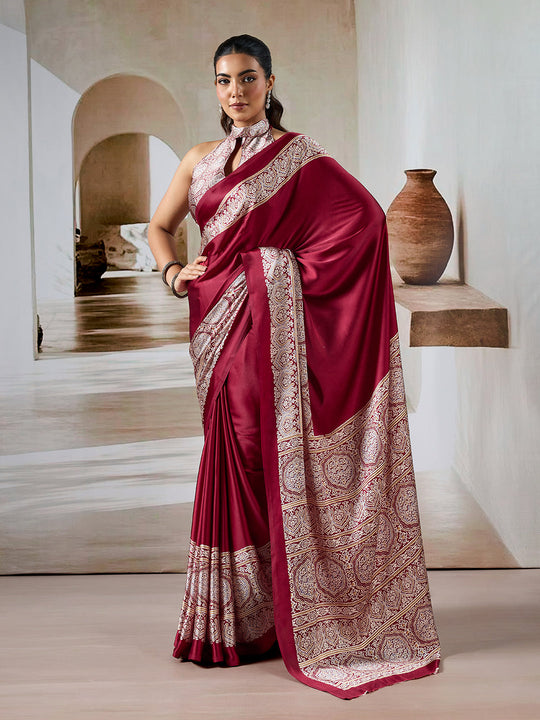 Maroon Printed Ajarakh Satin Crepe Saree With Blouse Piece