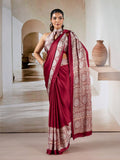 Maroon Printed Ajarakh Satin Crepe Saree With Blouse Piece