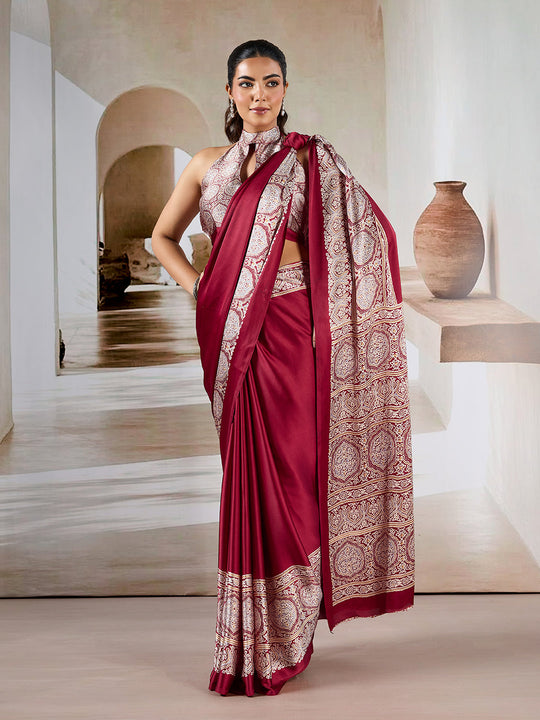 Maroon Printed Ajarakh Satin Crepe Saree With Blouse Piece