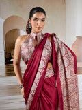 Maroon Printed Ajarakh Satin Crepe Saree With Blouse Piece