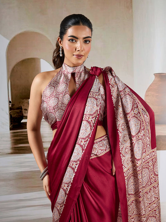 Maroon Printed Ajarakh Satin Crepe Saree With Blouse Piece