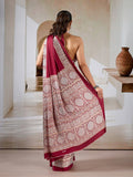 Maroon Printed Ajarakh Satin Crepe Saree With Blouse Piece