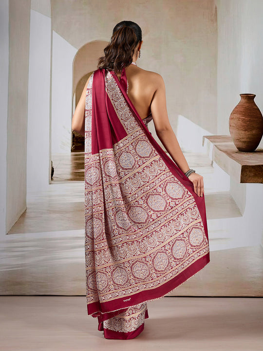 Maroon Printed Ajarakh Satin Crepe Saree With Blouse Piece