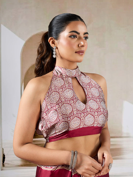 Maroon Printed Ajarakh Satin Crepe Saree With Blouse Piece