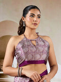 Wine Printed Ajarakh Satin Crepe Saree With Blouse Piece