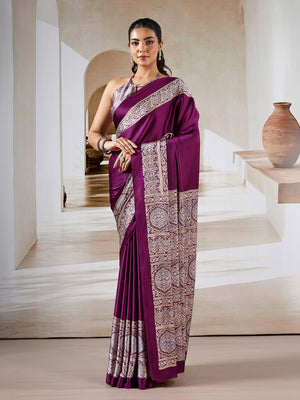 Wine Printed Ajarakh Satin Crepe Saree With Blouse Piece