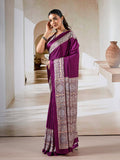 Wine Printed Ajarakh Satin Crepe Saree With Blouse Piece