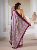 Wine Printed Ajarakh Satin Crepe Saree With Blouse Piece