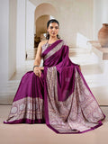 Wine Printed Ajarakh Satin Crepe Saree With Blouse Piece