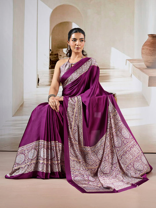 Wine Printed Ajarakh Satin Crepe Saree With Blouse Piece