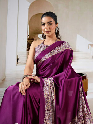 Wine Printed Ajarakh Satin Crepe Saree With Blouse Piece