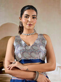 Blue Printed Ajarakh Satin Crepe Saree With Blouse Piece
