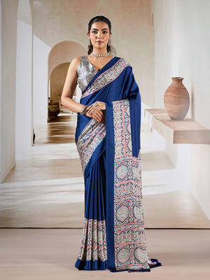 Blue Printed Ajarakh Satin Crepe Saree With Blouse Piece
