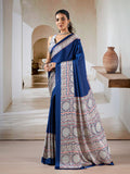 Blue Printed Ajarakh Satin Crepe Saree With Blouse Piece