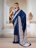 Blue Printed Ajarakh Satin Crepe Saree With Blouse Piece