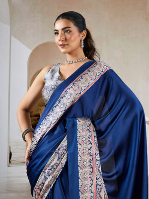 Blue Printed Ajarakh Satin Crepe Saree With Blouse Piece