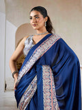 Blue Printed Ajarakh Satin Crepe Saree With Blouse Piece