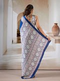 Blue Printed Ajarakh Satin Crepe Saree With Blouse Piece