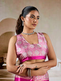 Pink Printed Ajarakh Satin Crepe Saree With Blouse Piece
