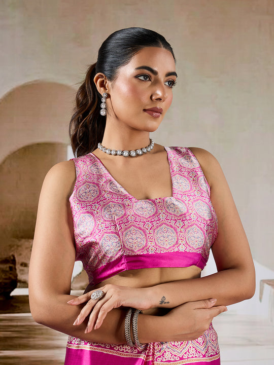 Pink Printed Ajarakh Satin Crepe Saree With Blouse Piece