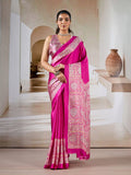 Pink Printed Ajarakh Satin Crepe Saree With Blouse Piece