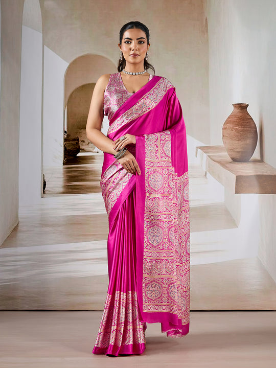 Pink Printed Ajarakh Satin Crepe Saree With Blouse Piece