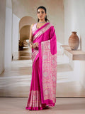 Pink Printed Ajarakh Satin Crepe Saree With Blouse Piece