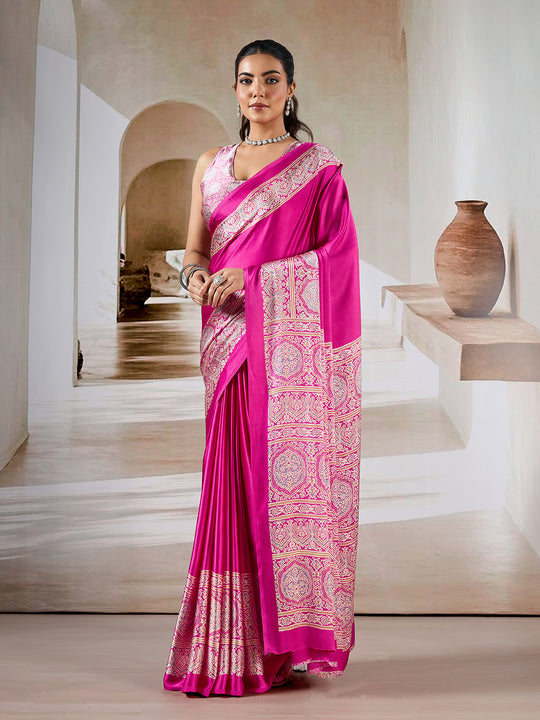 Pink Printed Ajarakh Satin Crepe Saree With Blouse Piece
