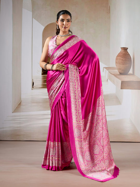 Pink Printed Ajarakh Satin Crepe Saree With Blouse Piece