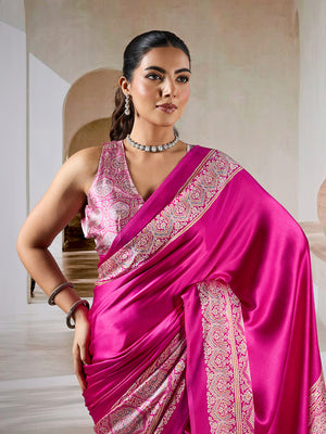 Pink Printed Ajarakh Satin Crepe Saree With Blouse Piece