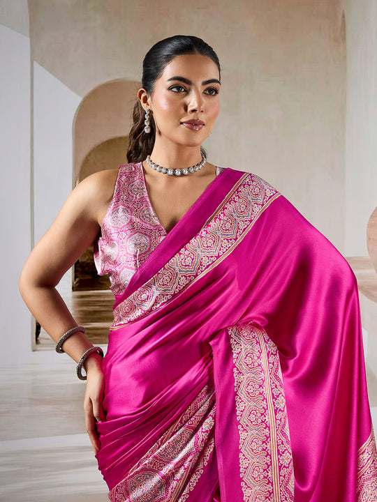 Pink Printed Ajarakh Satin Crepe Saree With Blouse Piece