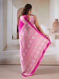 Pink Printed Ajarakh Satin Crepe Saree With Blouse Piece