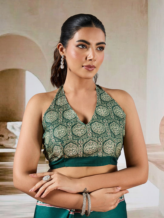 Green Printed Ajarakh Satin Crepe Saree With Blouse Piece
