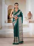 Green Printed Ajarakh Satin Crepe Saree With Blouse Piece