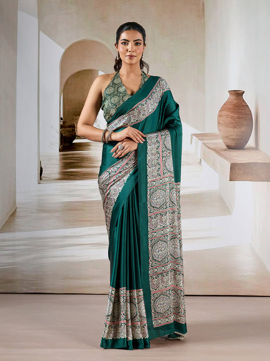 Green Printed Ajarakh Satin Crepe Saree With Blouse Piece